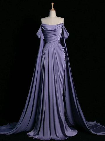 Niulatu Purple A-Line Off Shoulder Satin Long Prom Dress Formal Evening Dress HZ1026